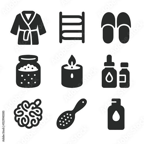 Spa Essentials Icons. Solid, Filled icon set of spa essentials: bathrobe, towel warmer, slippers, bath salts, scented candle,