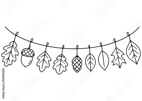 Black and white vector autumn garland with leaves, acorns, and pinecones. Perfect for engraving, logos, prints, books, and fall designs