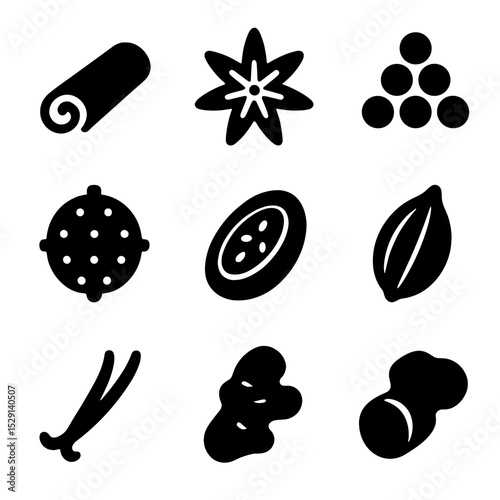 Spice Garnish Icons. Solid, Filled icon set of spice garnishes: cinnamon stick, star anise, peppercorn cluster, nutmeg grater,