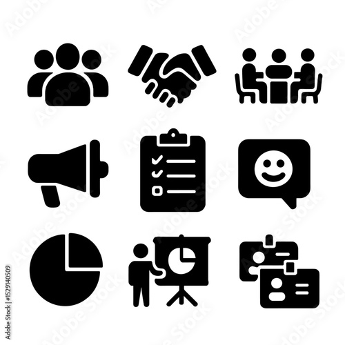 Stakeholder Icon Set. Solid, Filled icon set of stakeholder engagement: group silhouette, handshake, discussion table, megaphone,