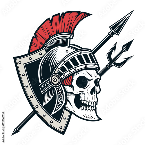 Create a striking image of an isolated gladiator skull, dramatically lit,  with a weathered shield and trident positioned beside it.