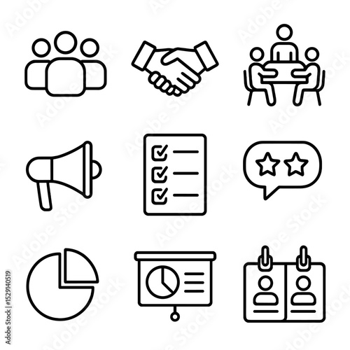 Stakeholder Engagement Icons. Outline icon set of stakeholder engagement: group silhouette, handshake, discussion table, megaphone