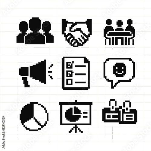 Stakeholder Engagement Icons. Pixel art icon set of stakeholder engagement: group silhouette, handshake, discussion table,