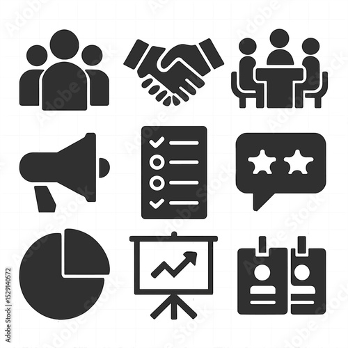 Stakeholder Icon Set. Solid, Filled icon set of stakeholder engagement: group silhouette, handshake, discussion table, megaphone,