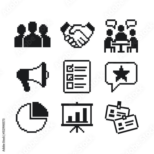 Stakeholder Engagement Icons. Pixel art icon set of stakeholder engagement: group silhouette, handshake, discussion table,