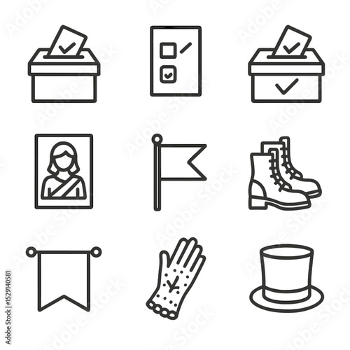 Suffrage Icons Collection. Outline icon set of suffrage movement: ballot box, voting ballot, ballot box with tick, campaigning