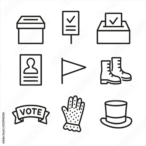 Suffrage Icons Collection. Outline icon set of suffrage movement: ballot box, voting ballot, ballot box with tick, campaigning