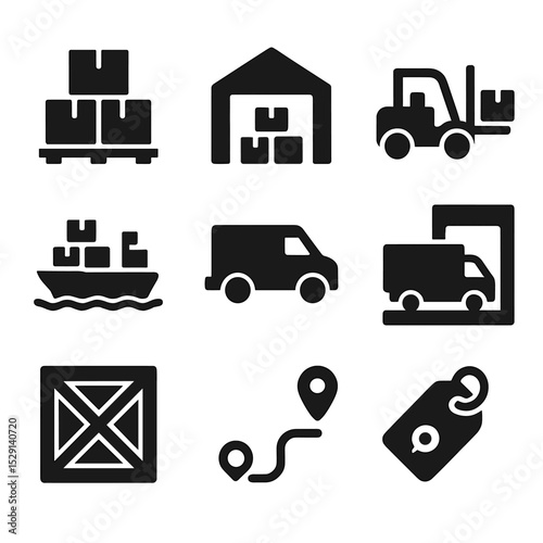 Supply Chain Icons. Flat icon set of supply chain logistics: pallet stack, warehouse building, forklift, cargo ship, delivery van,