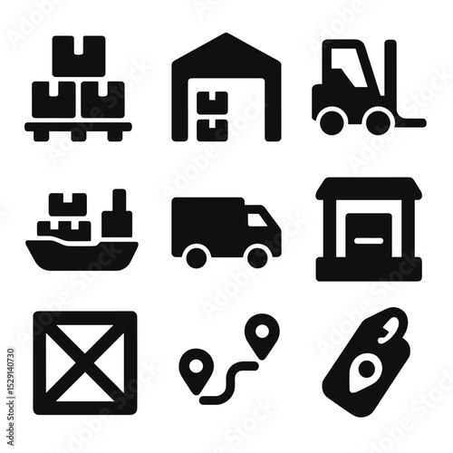 Supply Chain Icons. Solid, Filled icon set of supply chain logistics: pallet stack, warehouse building, forklift, cargo ship,