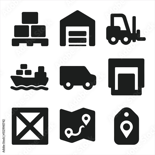 Supply Chain Icons. Solid, Filled icon set of supply chain logistics: pallet stack, warehouse building, forklift, cargo ship,
