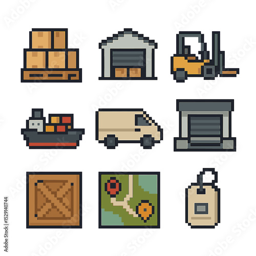 Supply Chain Icons. Pixel art icon set of supply chain logistics: pallet stack, warehouse building, forklift, cargo ship, delivery
