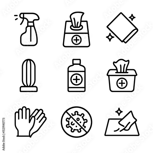 Surface Disinfection Icons. Outline icon set of surface disinfection: spray bottle, disinfectant wipe, microfiber cloth, UV lamp,