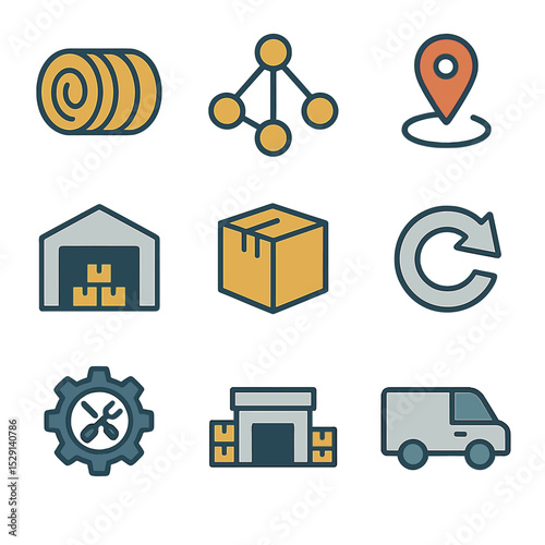 Supply Chain Icons. Flat icon set of circular supply chain: raw material bale, supplier network map, logistics route marker,