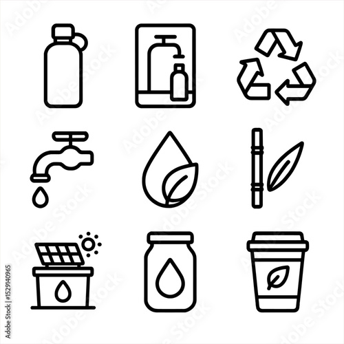 Sustainable Hydration Icons. Outline icon set of sustainable hydration: reusable bottle, refill station, recycle symbol, tap icon,