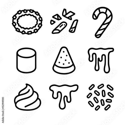 Sweet Garnish Icons. Outline icon set of sweet garnishes: sugar rim, chocolate shavings, candy cane, marshmallow, fruit candy,