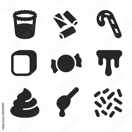 Sweet Garnish Icons. Solid, Filled icon set of sweet garnishes: sugar rim, chocolate shavings, candy cane, marshmallow, fruit