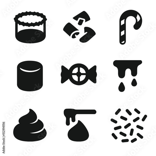 Sweet Garnish Icons. Solid, Filled icon set of sweet garnishes: sugar rim, chocolate shavings, candy cane, marshmallow, fruit