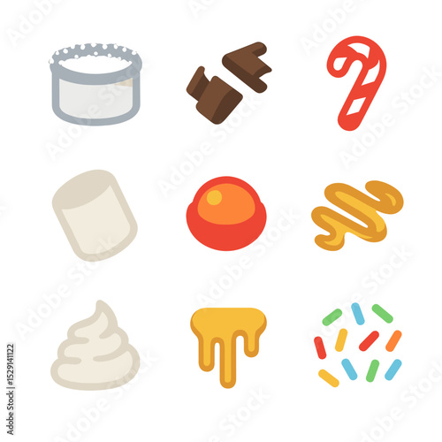 Sweet Garnish Icons. Flat icon set of sweet garnishes: sugar rim, chocolate shavings, candy cane, marshmallow, fruit candy,