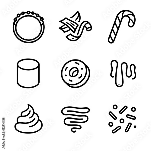 Sweet Garnish Icons. Outline icon set of sweet garnishes: sugar rim, chocolate shavings, candy cane, marshmallow, fruit candy,