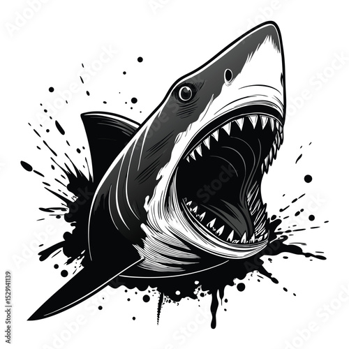 A menacing goblin shark, its bioluminescent skin glowing faintly, emerges from inky black water, revealing rows of needle-like teeth.  Sinister detail is crucial.
