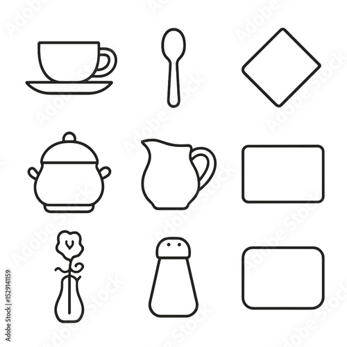 Table Setting Icons. Outline icon set of table settings: porcelain cup, saucer, teaspoon, napkin, sugar bowl, creamer jug,