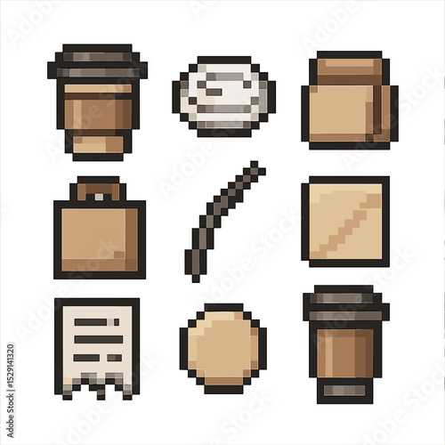 Takeaway Service Icons. Pixel art icon set of takeaway service: paper cup, to-go lid, coffee sleeve, takeaway bag, straw, napkin,