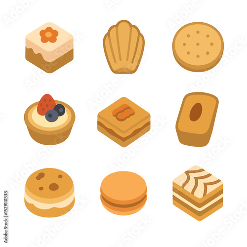 Tea Pastries Icons. Flat icon set of tea time pastries: petit four, madeleine, tea biscuit, fruit tartlet, baklava, financier,