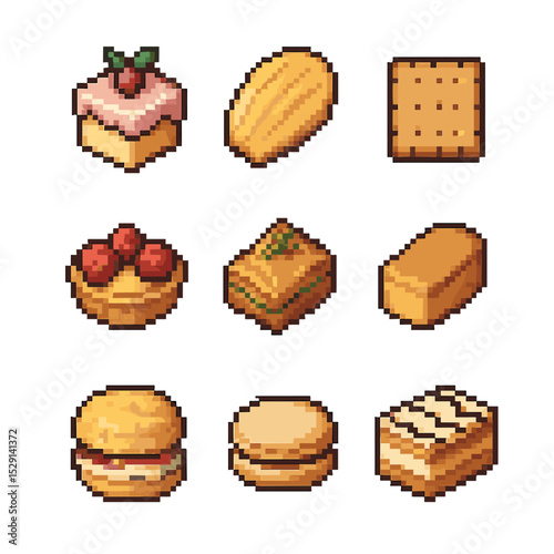 Tea Time Pastries. Pixel art icon set of tea time pastries: petit four, madeleine, tea biscuit, fruit tartlet, baklava, financier,