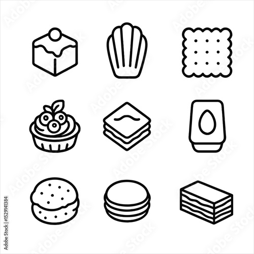 Tea Time Pastries. Outline icon set of tea time pastries: petit four, madeleine, tea biscuit, fruit tartlet, baklava, financier,