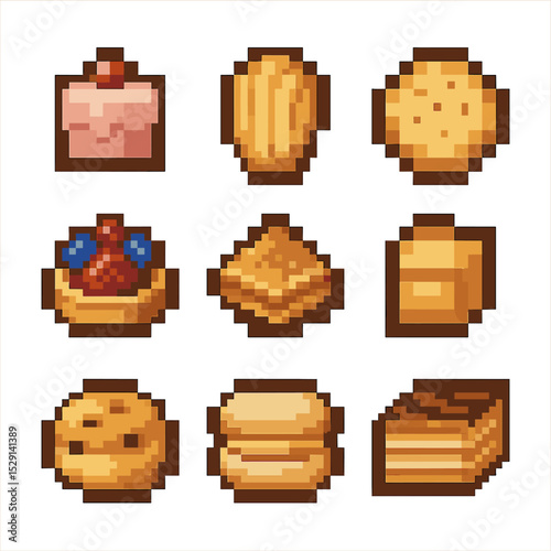 Tea Time Pastries. Pixel art icon set of tea time pastries: petit four, madeleine, tea biscuit, fruit tartlet, baklava, financier,