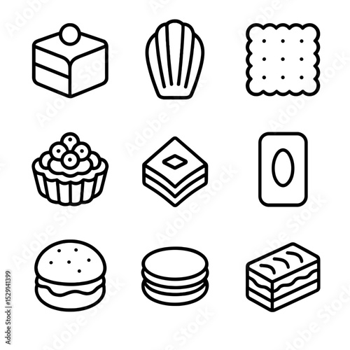Tea Time Pastries. Outline icon set of tea time pastries: petit four, madeleine, tea biscuit, fruit tartlet, baklava, financier,