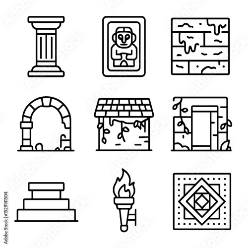 Temple Architecture Icons. Outline icon set of secret temple architecture: stone pillar, carved relief, moss-covered wall, broken