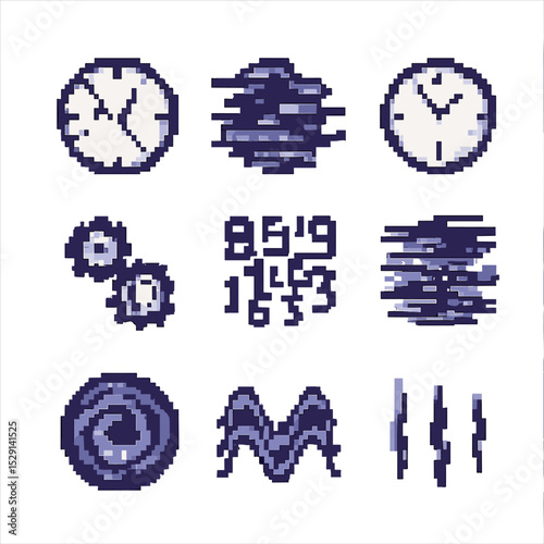 Temporal Anomalies Icons. Pixel art icon set of temporal anomalies: fractured clock, glitch effect, pixelated time, broken gears,