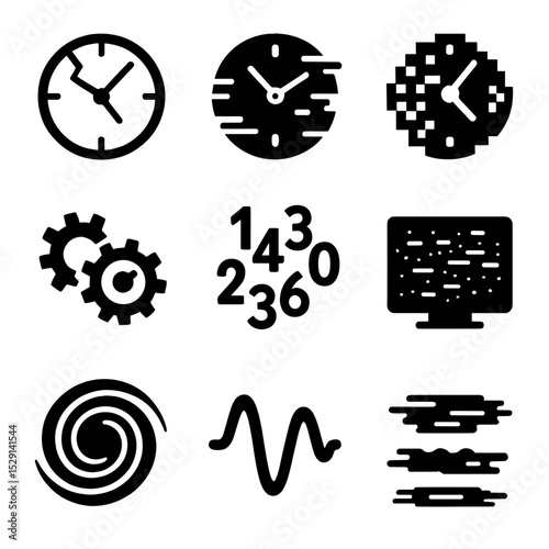 Temporal Anomalies Icons. Solid, Filled icon set of temporal anomalies: fractured clock, glitch effect, pixelated time, broken