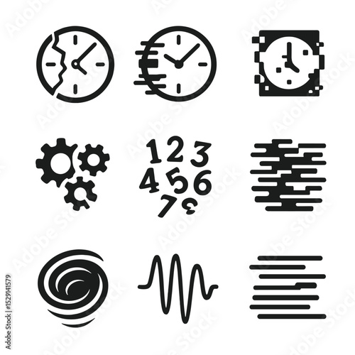 Temporal Anomaly Icons. Flat icon set of temporal anomalies: fractured clock, glitch effect, pixelated time, broken gears,