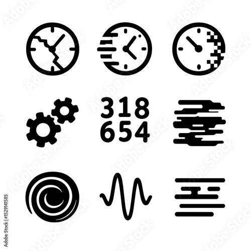 Temporal Anomaly Icons. Flat icon set of temporal anomalies: fractured clock, glitch effect, pixelated time, broken gears,