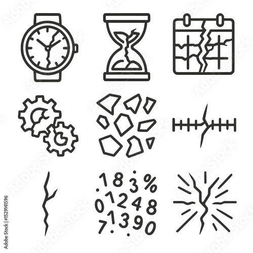 Temporal Fracture Icons. Outline icon set of temporal fracture visuals: cracked watch face, shattered hourglass, splintered
