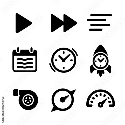 Time Acceleration Icons. Flat icon set of time acceleration signs: forward arrow, fast-forward button, speed lines, compressed