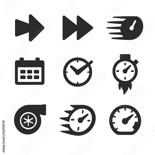 Time Acceleration Icons. Flat icon set of time acceleration signs: forward arrow, fast-forward button, speed lines, compressed