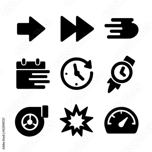 Time Acceleration Icons. Solid, Filled icon set of time acceleration signs: forward arrow, fast-forward button, speed lines,