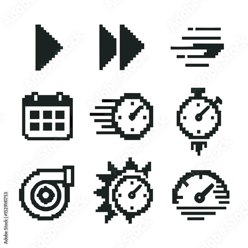 Time Acceleration Icons. Pixel art icon set of time acceleration signs: forward arrow, fast-forward button, speed lines,