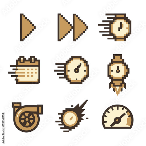 Time Acceleration Icons. Pixel art icon set of time acceleration signs: forward arrow, fast-forward button, speed lines,