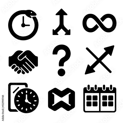 Time Paradox Icons. Solid, Filled icon set of time paradox concepts: Ouroboros clock, splitting timeline, paradox symbol, twisted