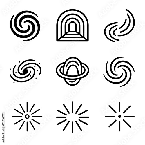 Time Vortex Icons. Outline icon set of time vortex representations: swirling vortex, tunnel outline, light trail, spiral galaxy,