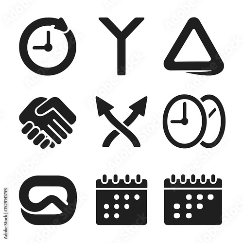 Time Paradox Icons. Solid, Filled icon set of time paradox concepts: Ouroboros clock, splitting timeline, paradox symbol, twisted