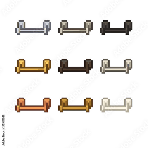 Towel Bar Finish Icons. Pixel art icon set of towel bar finishes: chrome finish, brushed nickel, matte black, polished brass,