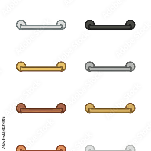 Towel Bar Finishes. Flat icon set of towel bar finishes: chrome finish, brushed nickel, matte black, polished brass, oil-rubbed