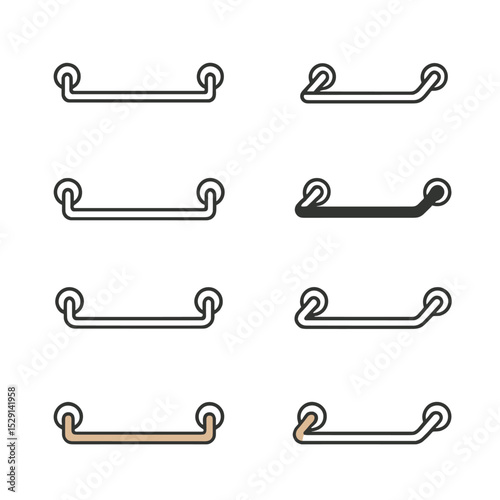 Towel Bar Finishes Grid. Outline icon set of towel bar finishes: chrome finish, brushed nickel, matte black, polished brass,