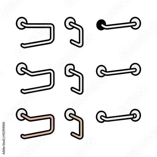 Towel Bar Finishes Grid. Outline icon set of towel bar finishes: chrome finish, brushed nickel, matte black, polished brass,