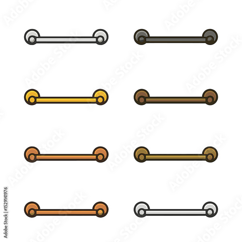Towel Bar Finishes. Flat icon set of towel bar finishes: chrome finish, brushed nickel, matte black, polished brass, oil-rubbed